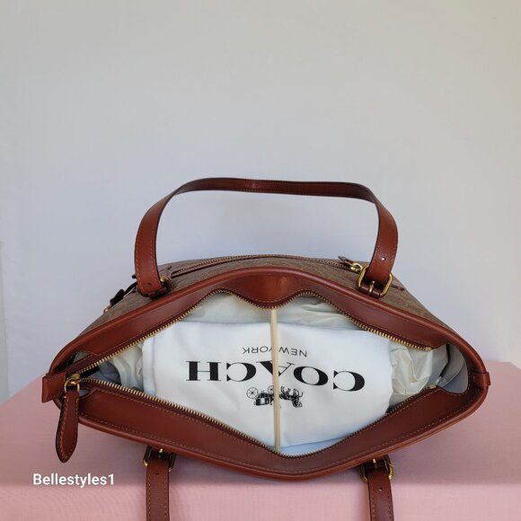 COACH Taylor Signature Logo Canvas Tote with C Dangle Charm-Tan Rust color ⭐ - Picture 11 of 16